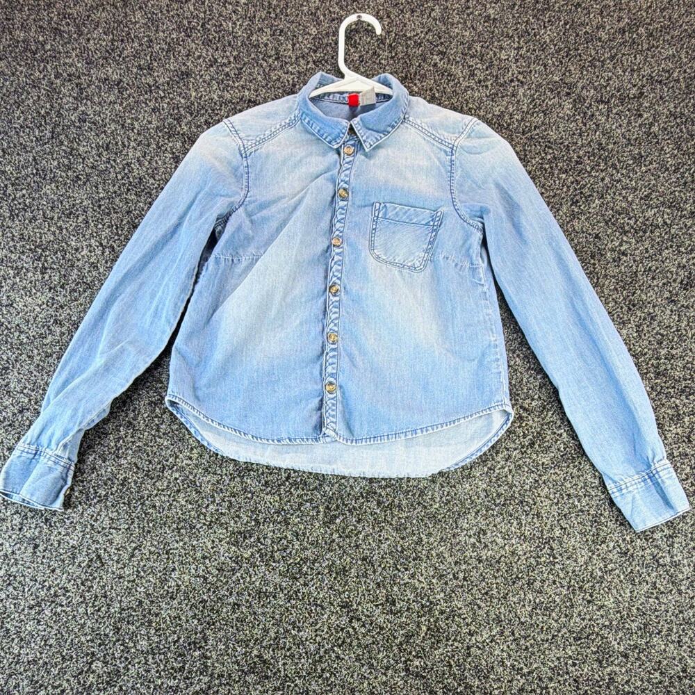 H&M Divided Women's Blue Solid Denim Chambray Collared Button Front Shirt 2